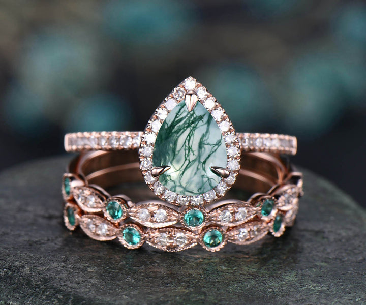 Unique vintage moss agate engagement ring set art deco diamond halo ring natural emerald ring set rose gold ring set wedding bridal set