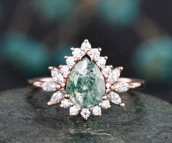 Pear moss agate bridal ring vintage moss agate engagement ring halo ring marquise moissanite ring rose gold ring wedding anniversary gift