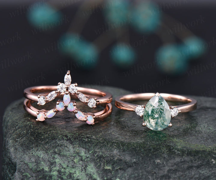 Vintage moss agate engagement ring set opal ring set marquise moissanite ring set three stone ring rose gold unique bridal set jewelry gift