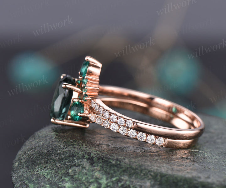 Oval moss agate ring set vintage moss agate engagement ring set eternity diamond ring unique emerald ring set rose gold ring women jewelry