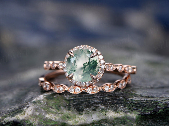 Vintage moss agate engagement ring set art deco diamond ring set rose gold ring set eternity ring marquise ring for women bridal wedding set