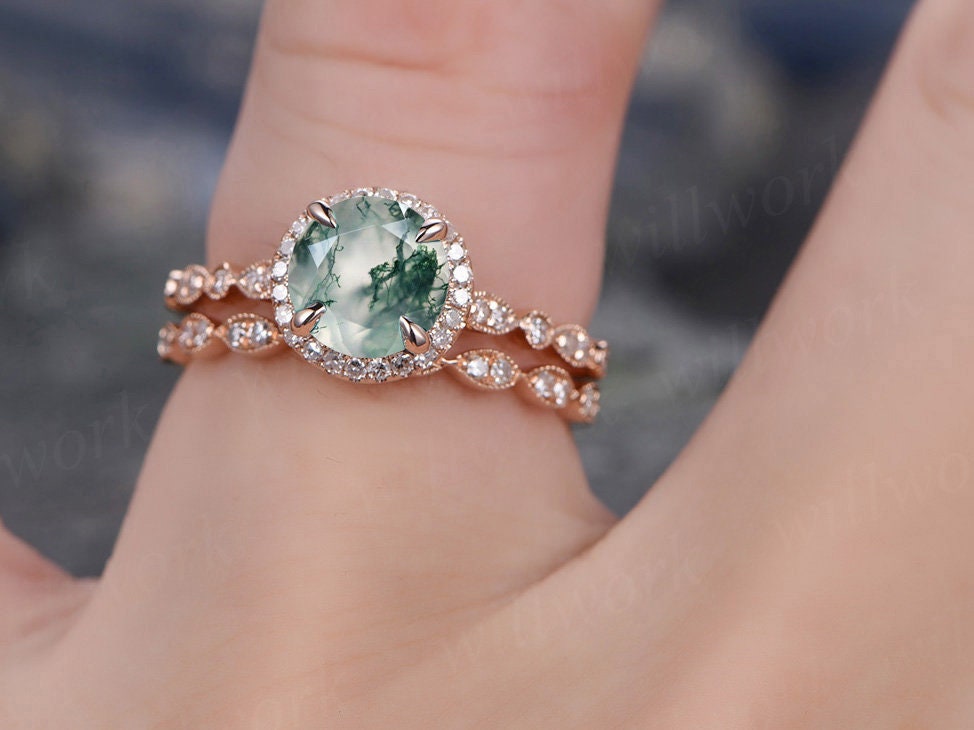 Vintage moss agate engagement ring set art deco diamond ring set rose gold ring set eternity ring marquise ring for women bridal wedding set