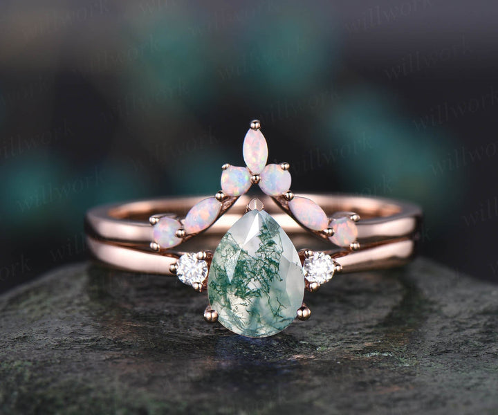 Pear shaped moss agate engagement ring set vintage art deco opal ring set marquise ring set moissanite ring set rose gold ring set jewelry