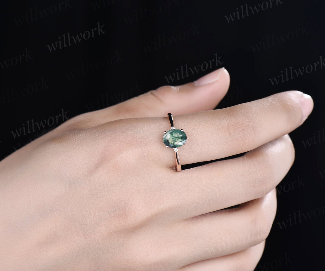 Oval shaped moss agate ring three stone ring dainty diamond ring vintage moss agate engagement ring rose gold ring for women jewelry gift