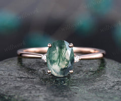 Oval shaped moss agate ring three stone ring dainty diamond ring vintage moss agate engagement ring rose gold ring for women jewelry gift