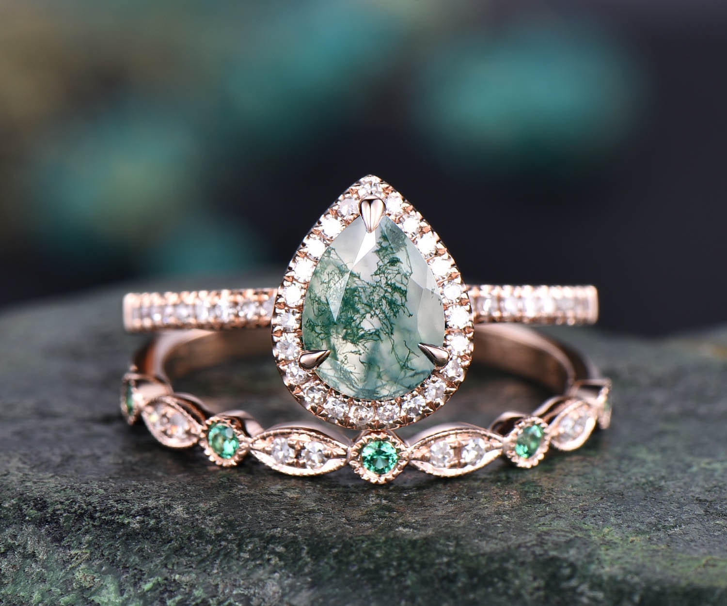 Vintage Moss Agate Engagement Ring,Green Long Hexagon Moss Agate Bridal good Ring,Moissanite Cluster Wedding Ring,Half Eternity Marquise Ring