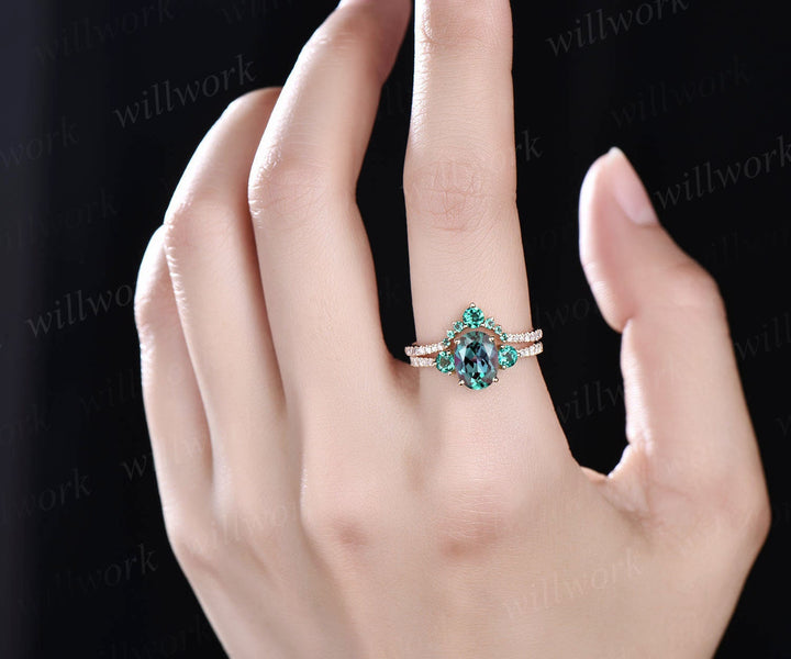 Oval alexandrite bridal set vintage alexandrite engagement ring set emerald ring set dainty diamond ring set birthday stone ring jewelry