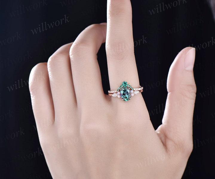 Oval Alexandrite wedding set vintage Alexandrite engagement ring set opal ring set emerald ring set diamond ring set women rose gold ring