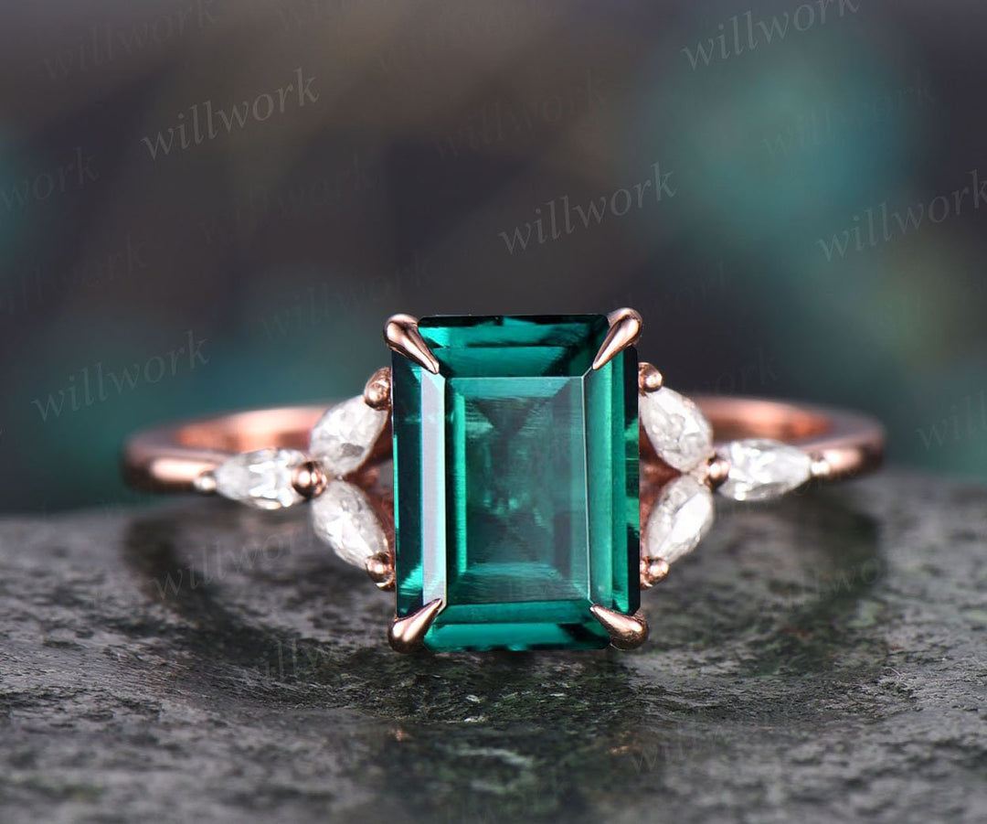 Unique vintage emerald cut engagement ring emerald engagement ring pear moissanite ring rose gold for women custom jewelry birthstone ring