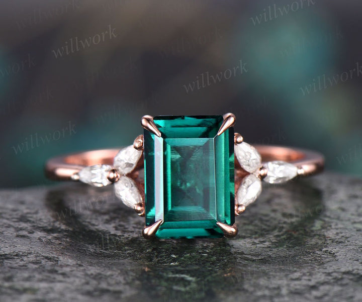 Unique vintage emerald cut engagement ring emerald engagement ring pear moissanite ring rose gold for women custom jewelry birthstone ring