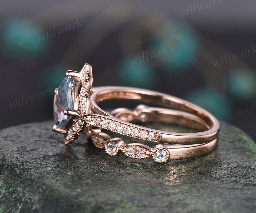 Cushion cut aquamarine engagement ring set vintage topaz ring set rose gold ring set flower art deco diamond halo ring blue stone ring gift