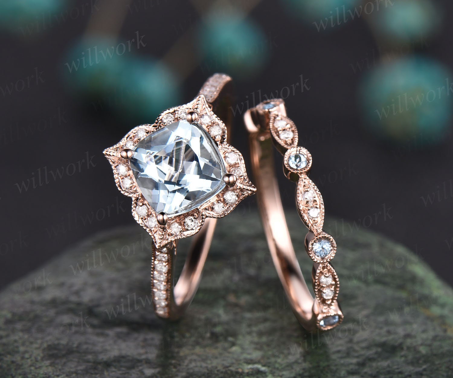 Tressa- Three Stone Engagement Ring, Prong set Cushion Moissanite & Pe