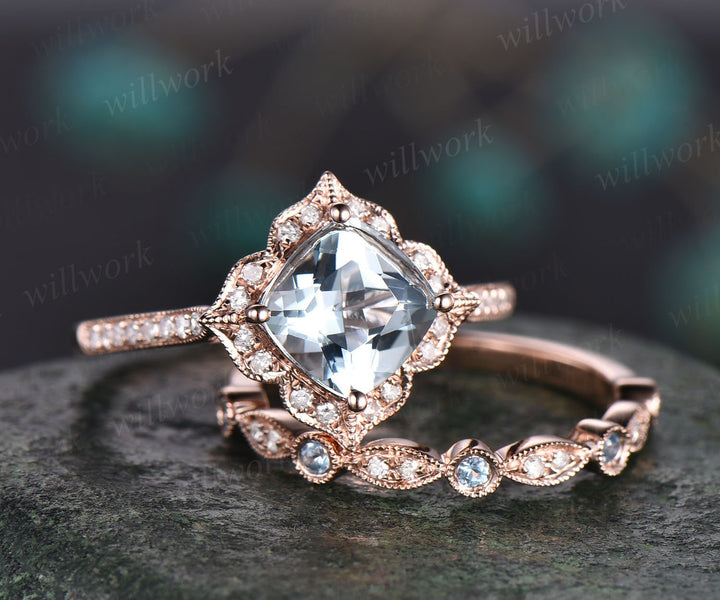 Cushion cut aquamarine engagement ring set vintage topaz ring set rose gold ring set flower art deco diamond halo ring blue stone ring gift