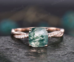 Cushion moss agate engagement ring for women vintage rose gold ring twisted infinity diamond ring eternity ring organic stone ring jewelry