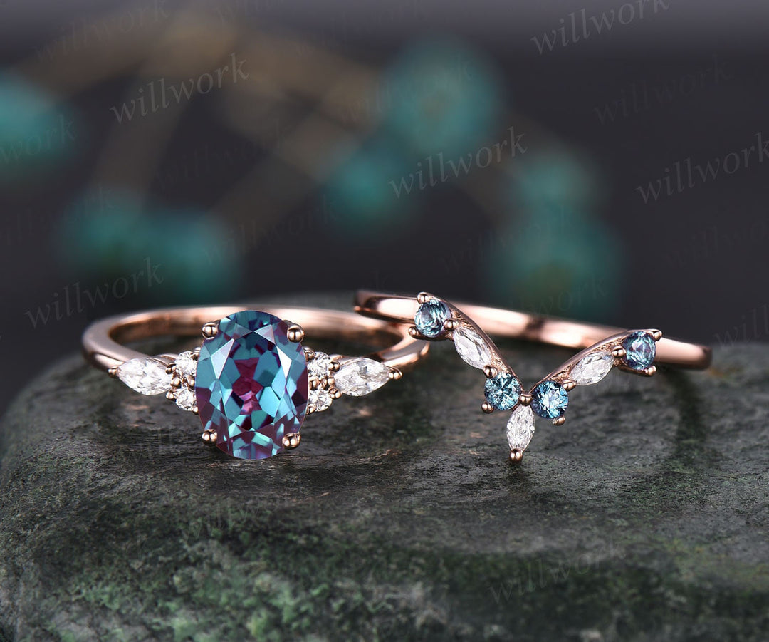 Unique engagement ring set oval cut Alexandrite engagement ring set vintage rose gold ring set cluster marquise ring moissanite ring set