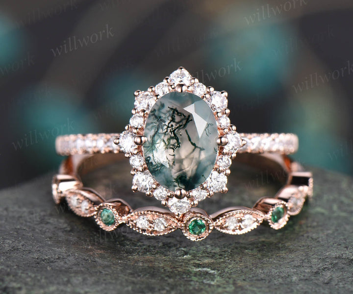 Oval cut moss agate ring gold silver vintage unique green moss agate engagement ring set art deco emerald diamond wedding ring set for women