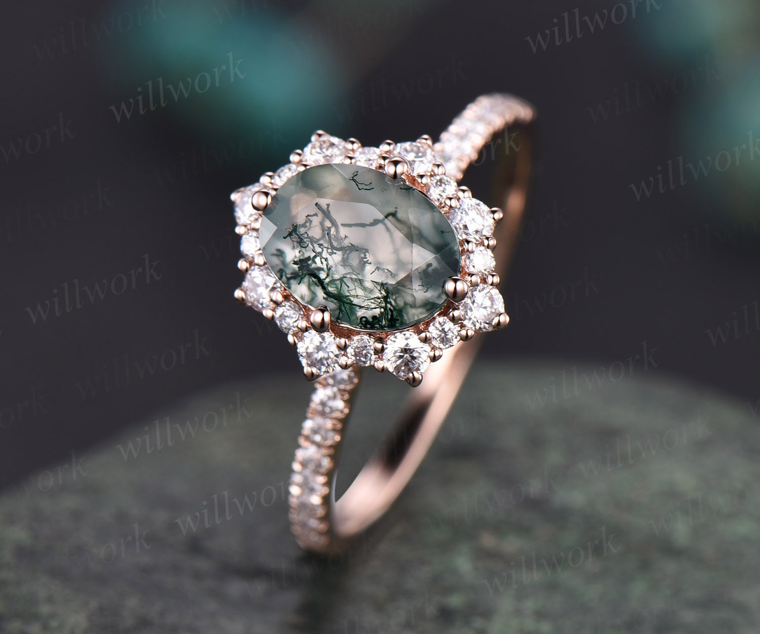 14K Rose Gold selling Moss Agate Ring, Moissanite Solitaire Ring, East to West Hexagon Ring, Green Diamond Classic Ring, Engagement Anniversary Ring