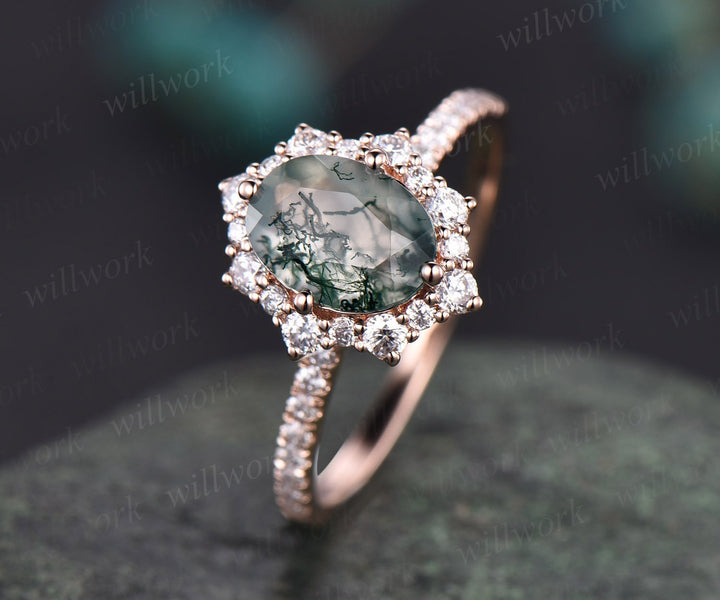 Oval moss agate ring vintage moss agate engagement ring solid 10k 14k 18k rose gold ring unique cluster halo moissanite ring eternity ring