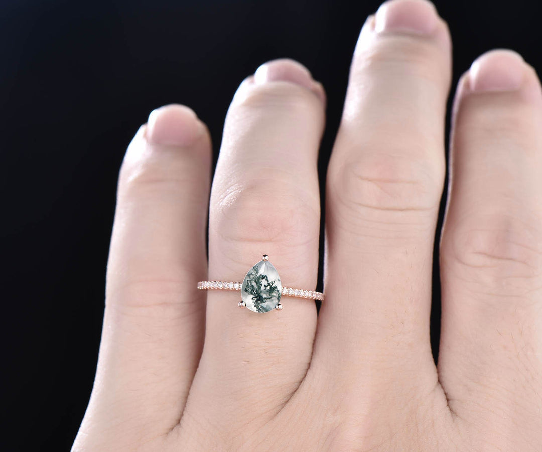 Pear shaped moss agate engagement ring unique vintage moss agate ring for women rose gold diamond jewelry green moss ring bridal ring gift