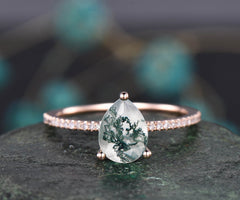 Pear shaped moss agate engagement ring unique vintage moss agate ring for women rose gold diamond jewelry green moss ring bridal ring gift