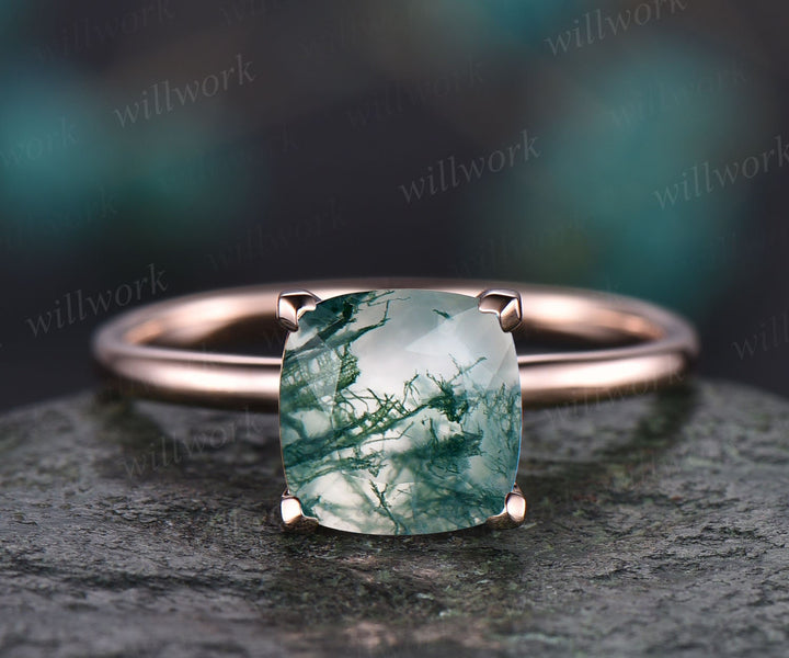 Vintage moss agate engagement ring cushion cut moss agate ring solitaire rose gold ring for women dainty jewelry organic stone ring gift