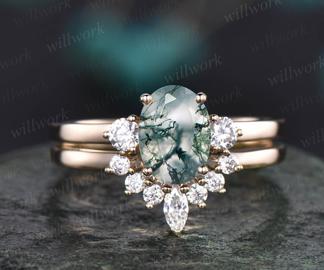 Oval cut green moss agate ring gold silver vintage unique engagement ring set rose gold three stone moissanite bridal wedding ring for women