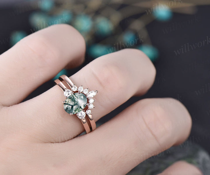 Oval cut green moss agate ring gold silver vintage unique engagement ring set rose gold three stone moissanite bridal wedding ring for women