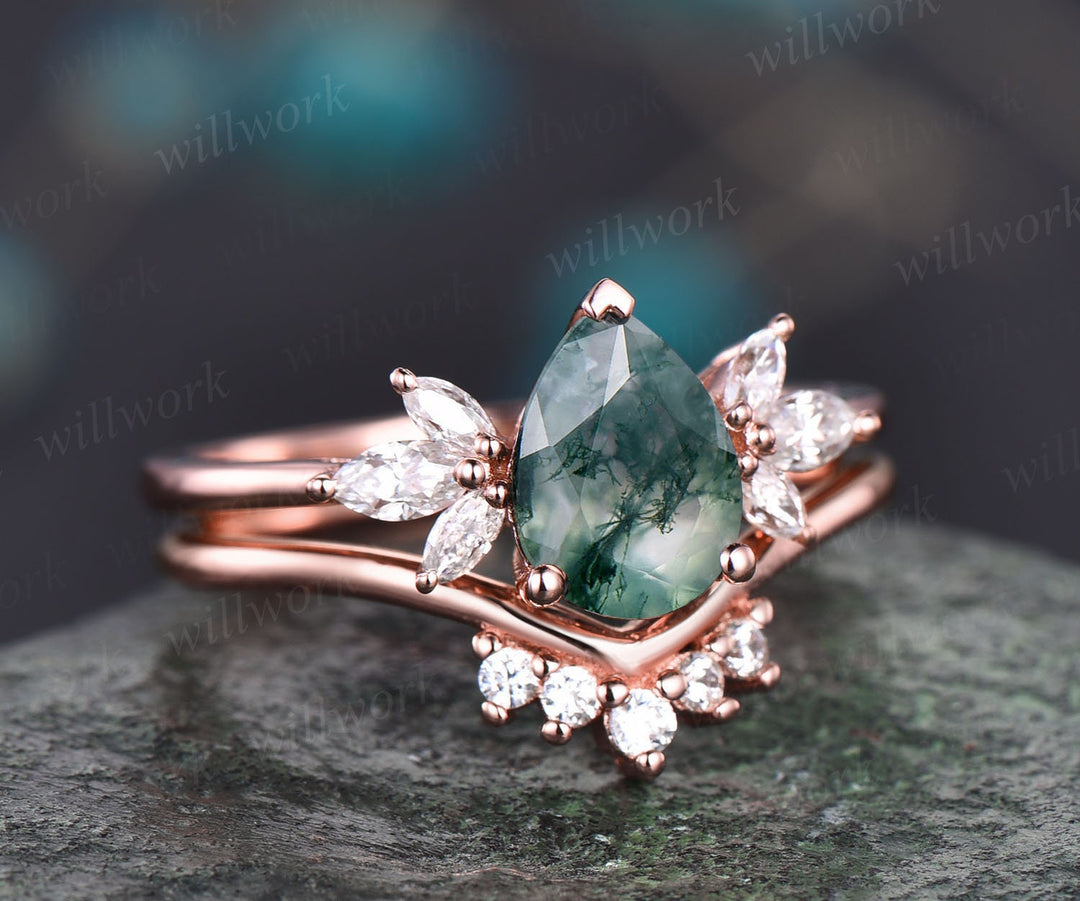 Vintage pear shaped moss agate engagement ring set 14k rose gold 7 stone marquise moissanite ring for women unique bridal wedding ring set