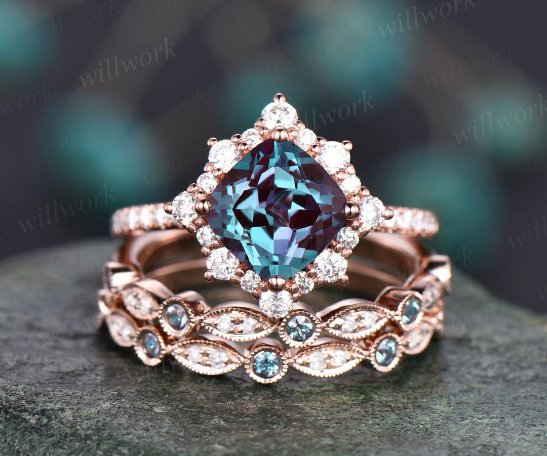 Unique engagement ring set cushion cut Alexandrite engagement ring set diamond ring set cluster halo ring women jewelry June birthstone ring