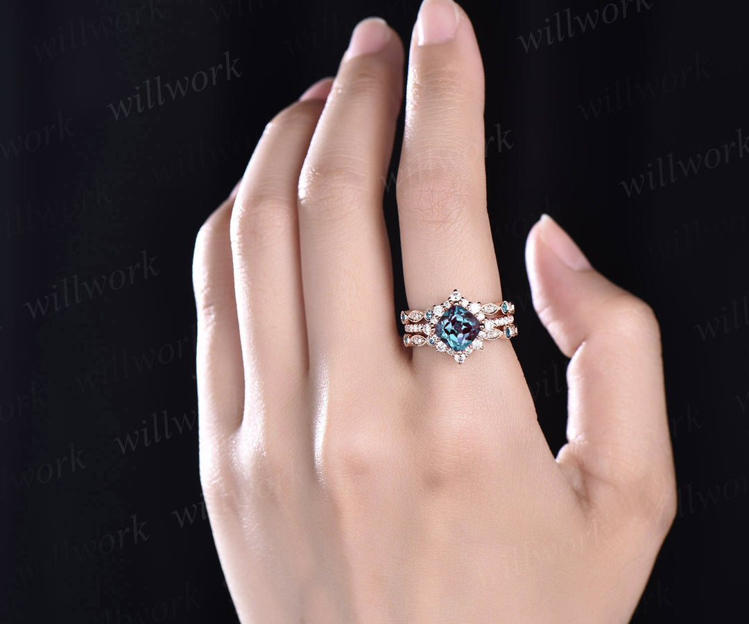 Unique engagement ring set cushion cut Alexandrite engagement ring set diamond ring set cluster halo ring women jewelry June birthstone ring