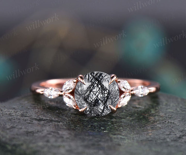 Vintage style black rutilated quartz engagement ring rose gold art deco cluster ring round cut bridal ring moissanite ring band women gift