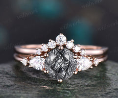 Unique wedding ring set Vintage black rutilated quartz engagement ring set rose gold moissanite ring set round cut bridal ring women gift
