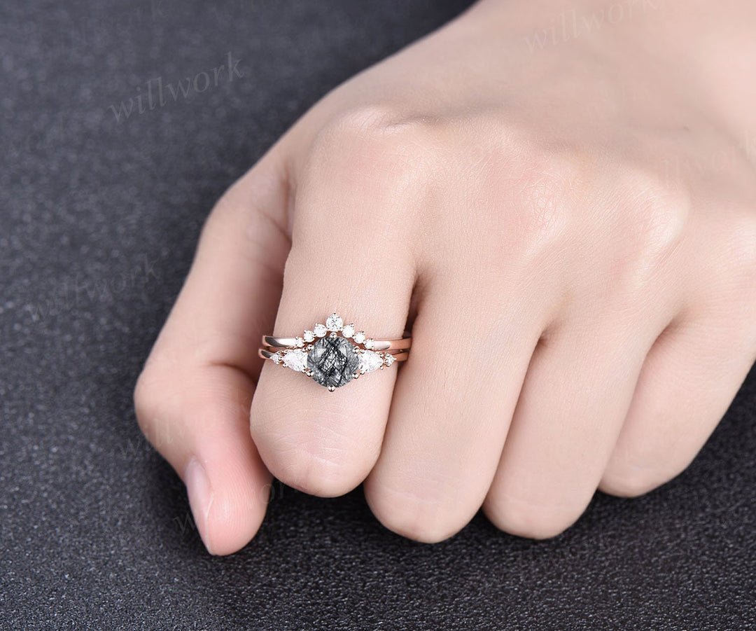 Unique wedding ring set Vintage black rutilated quartz engagement ring set rose gold moissanite ring set round cut bridal ring women gift