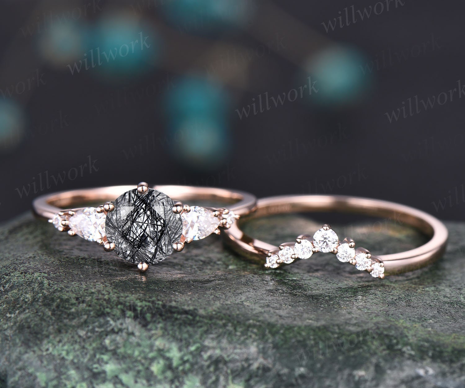 Deals Black Quartz Rutilated engagement ring set vintage unique art deco engagement ring rose gold baguette Diamond Half eternity ring for women