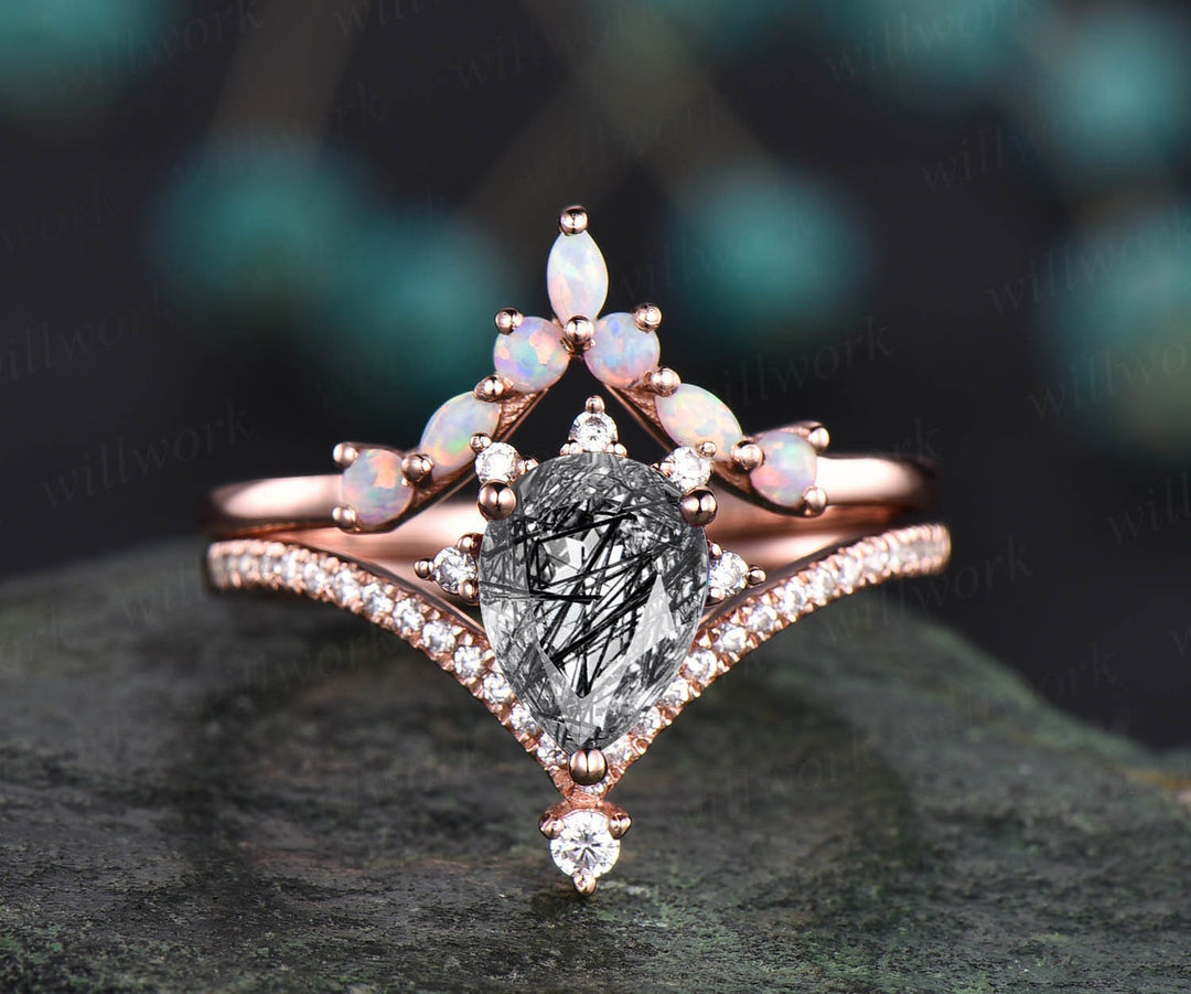 Pear cut black rutilated quartz engagement ring set rose gold vintage opal ring set cluster marquise ring set unique moissanite ring set