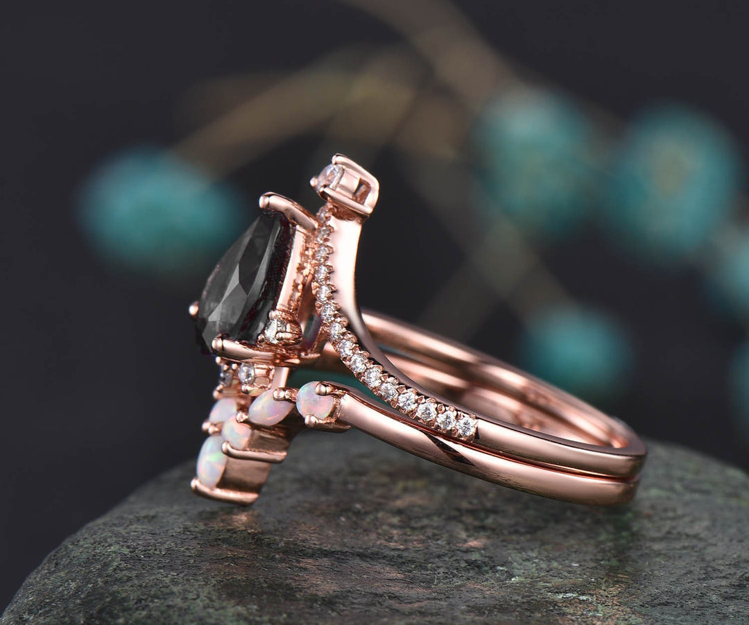 Pear cut black rutilated quartz engagement ring set rose gold vintage opal ring set cluster marquise ring set unique moissanite ring set