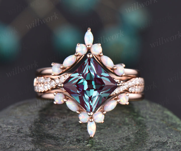 Princess cut Alexandrite engagement ring set vintage marquise opal ring set twisted moissanite ring set promise ring set rose gold ring set