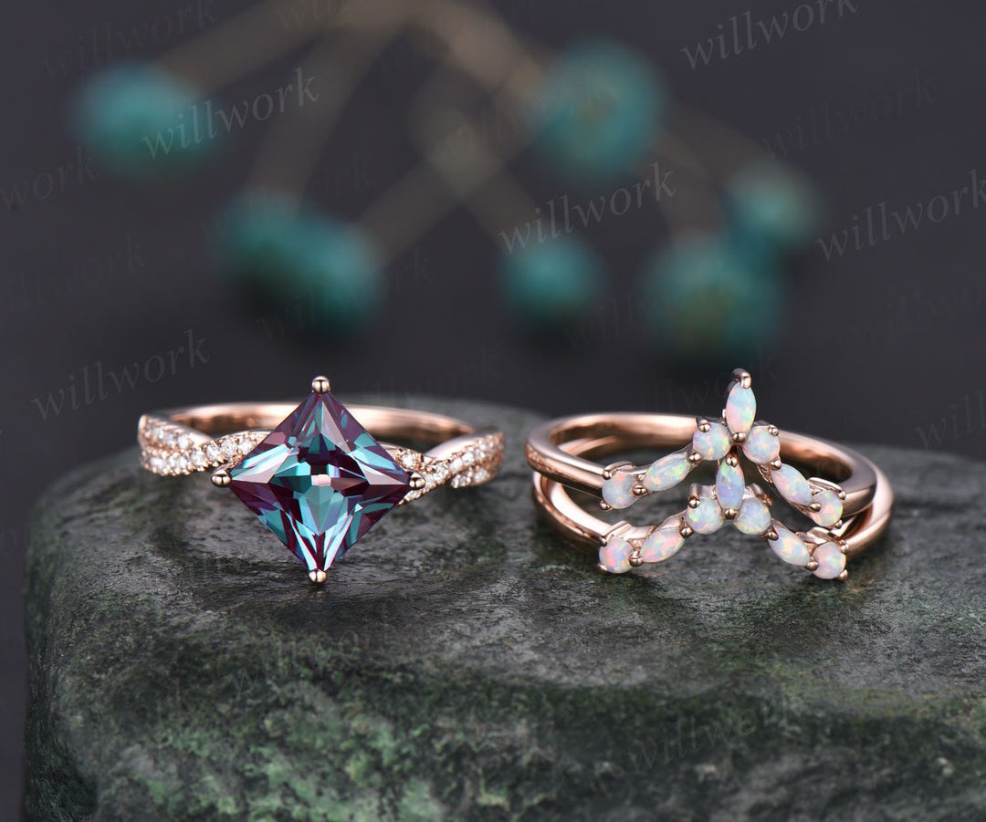 Princess cut Alexandrite engagement ring set vintage marquise opal ring set twisted moissanite ring set promise ring set rose gold ring set