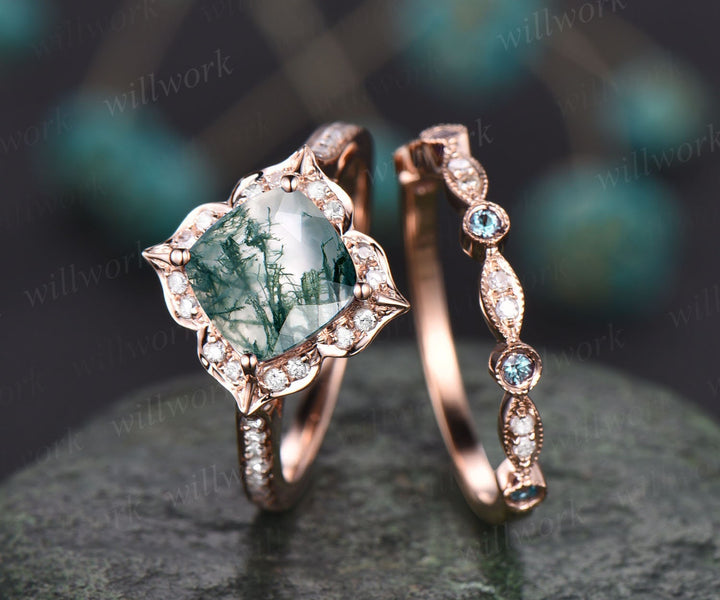 Unique bridal ring set cushion moss agate engagement ring set rose gold vintage flower halo diamond ring Milgrain alexandrite wedding band