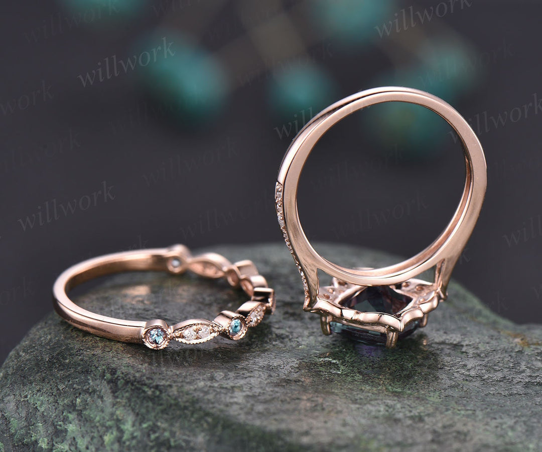 Unique bridal ring set cushion moss agate engagement ring set rose gold vintage flower halo diamond ring Milgrain alexandrite wedding band