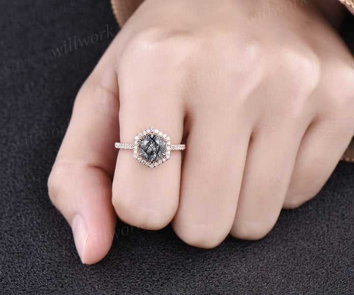Hexagon halo diamond ring round black rutilated quartz engagement ring vintage rose gold ring for women eternity bridal ring wedding gift