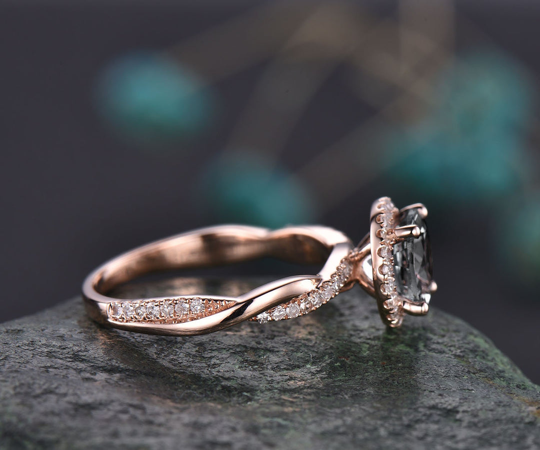 Vintage black rutilated quartz engagement ring set five stone rose