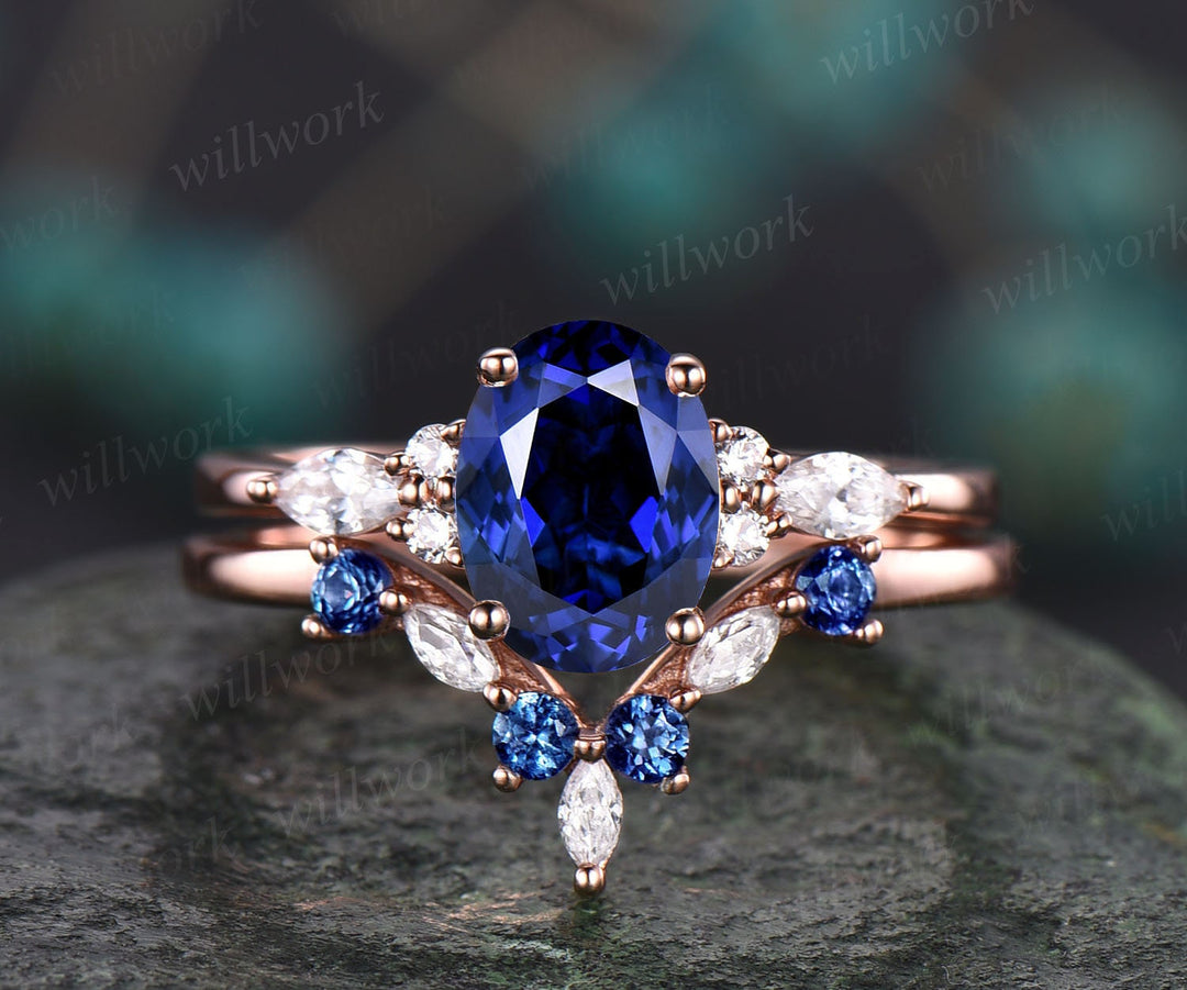 Wedding Ring Set Sapphire And Moissanite Ring Oval Cut Sapphire