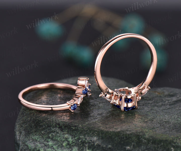 Oval cut sapphire engagement ring set vintage rose gold ring natural sapphire wedding ring band art deco moissanite ring set jewelry gift