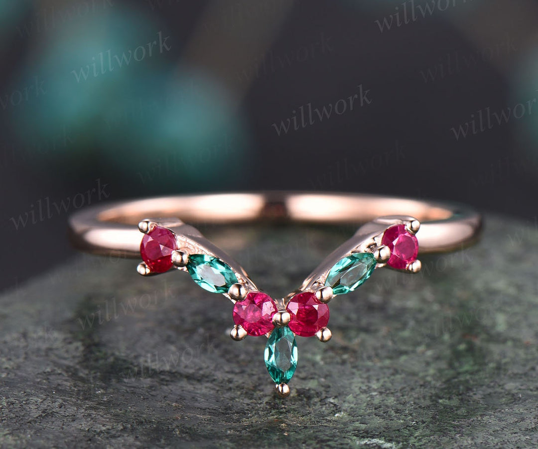 Curved v shaped wedding band art deco emerald ring marquise wedding band natural ruby wedding band rose gold jewelry women bridal ring gift