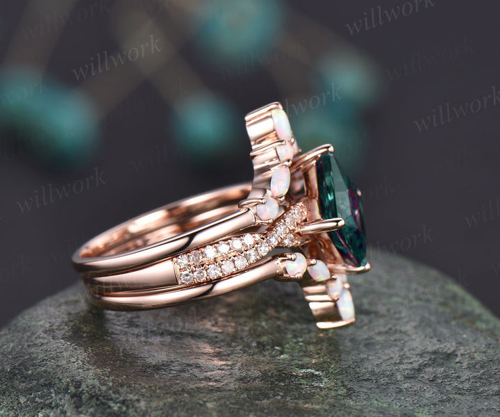 Princess cut emerald engagement ring set vintage opal ring set marquise ring set infinity moissanite ring set rose gold ring women jewelry