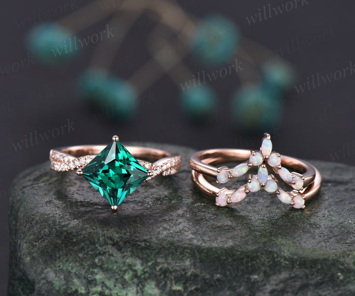 Princess cut emerald engagement ring set vintage opal ring set marquise ring set infinity moissanite ring set rose gold ring women jewelry