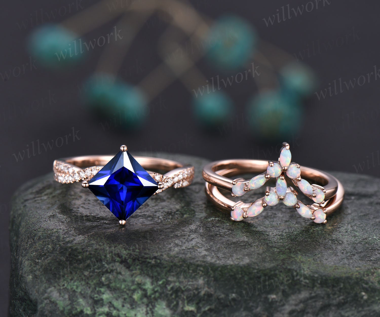 Princess cut sapphire engagement ring set vintage opal ring