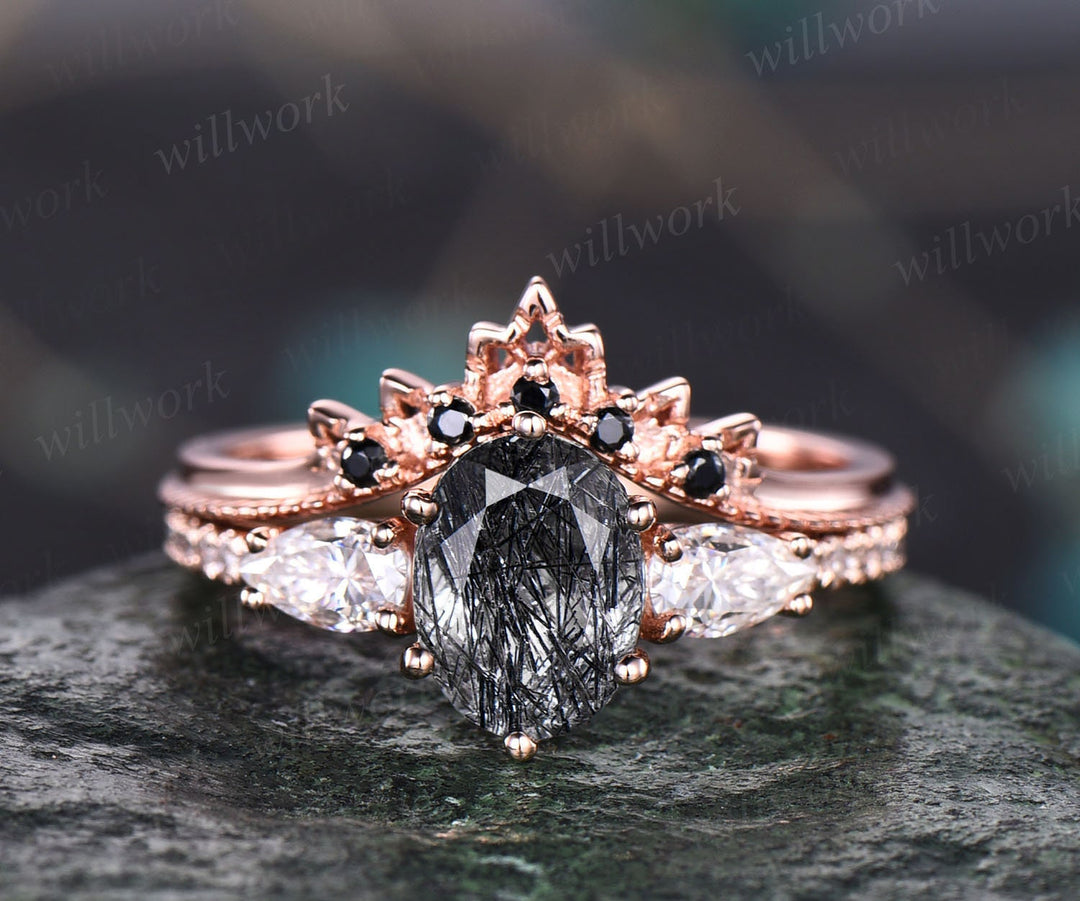 S Jewelry, Rose Gold Color Black Zircon Ring Vintage Flower With Champagne  Stones Wedding Ring Set