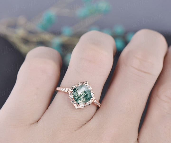 Cushion cut moss agate engagement ring vintage moss agate ring rose gold flower diamond ring halo ring green moss ring anniversary ring gift